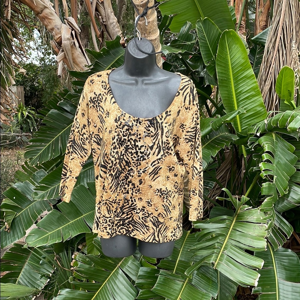August silk animal print top with metallic thread and sequence